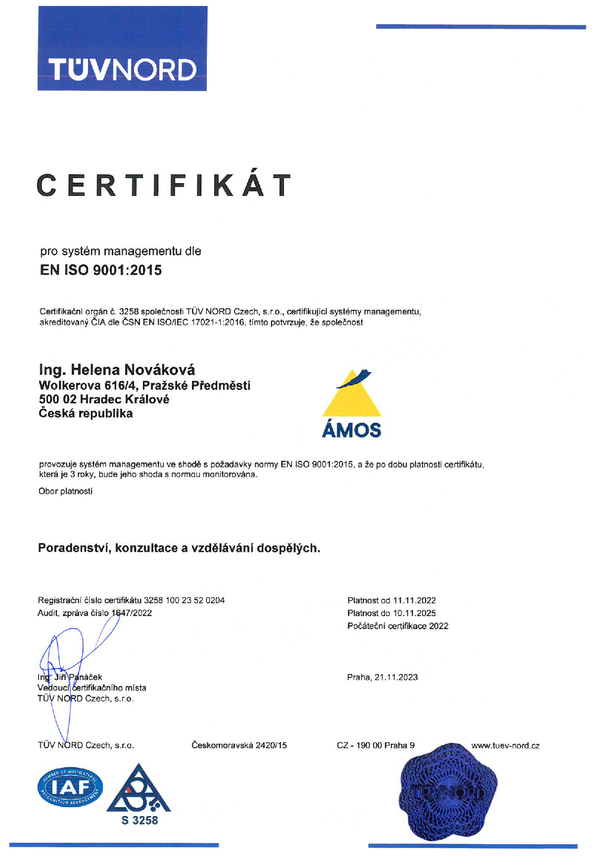 Certifikát ISO 9001 pro Helena Nováková